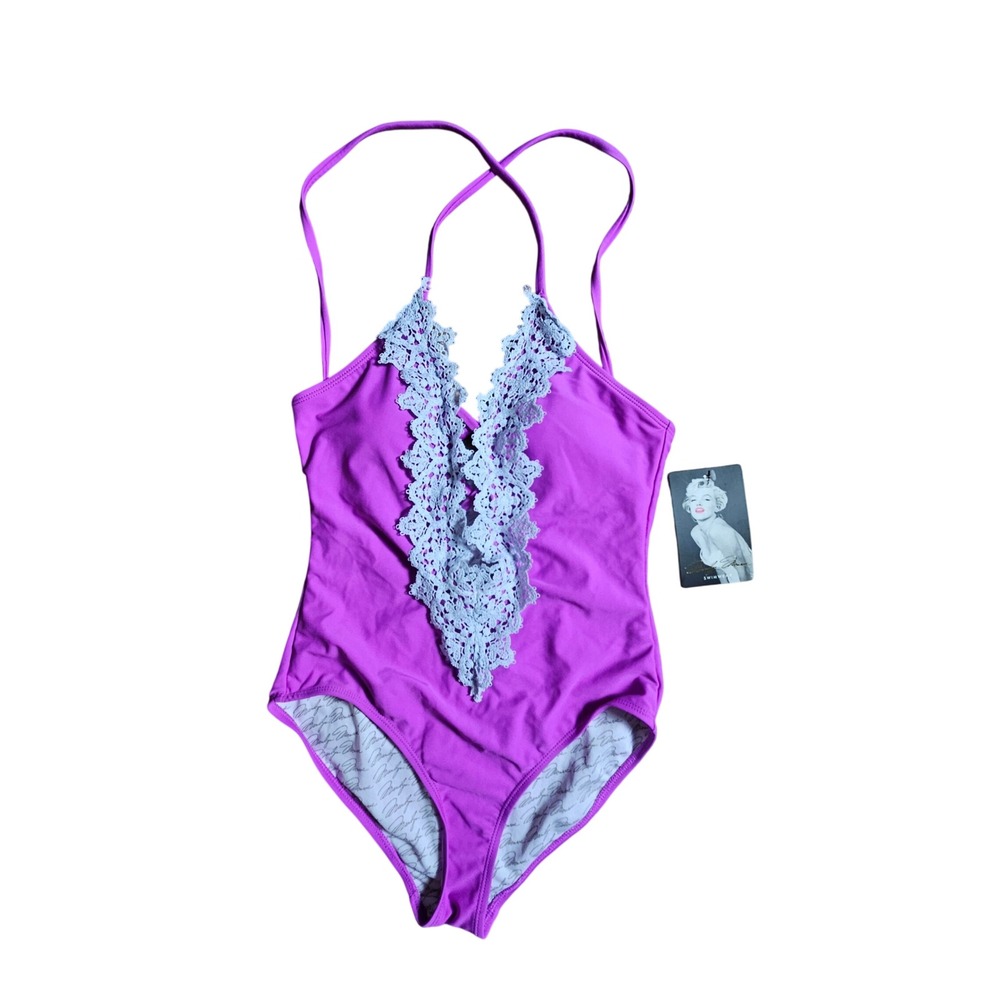 Marilyn Monroe Crochet Lace‎ Deep V-Neck One Piece Swimsuit Purple MMOP-148 NWT
